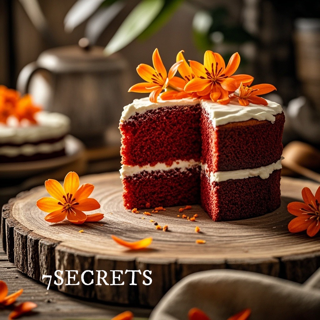 a red cake with white frosting and orange flowers on top