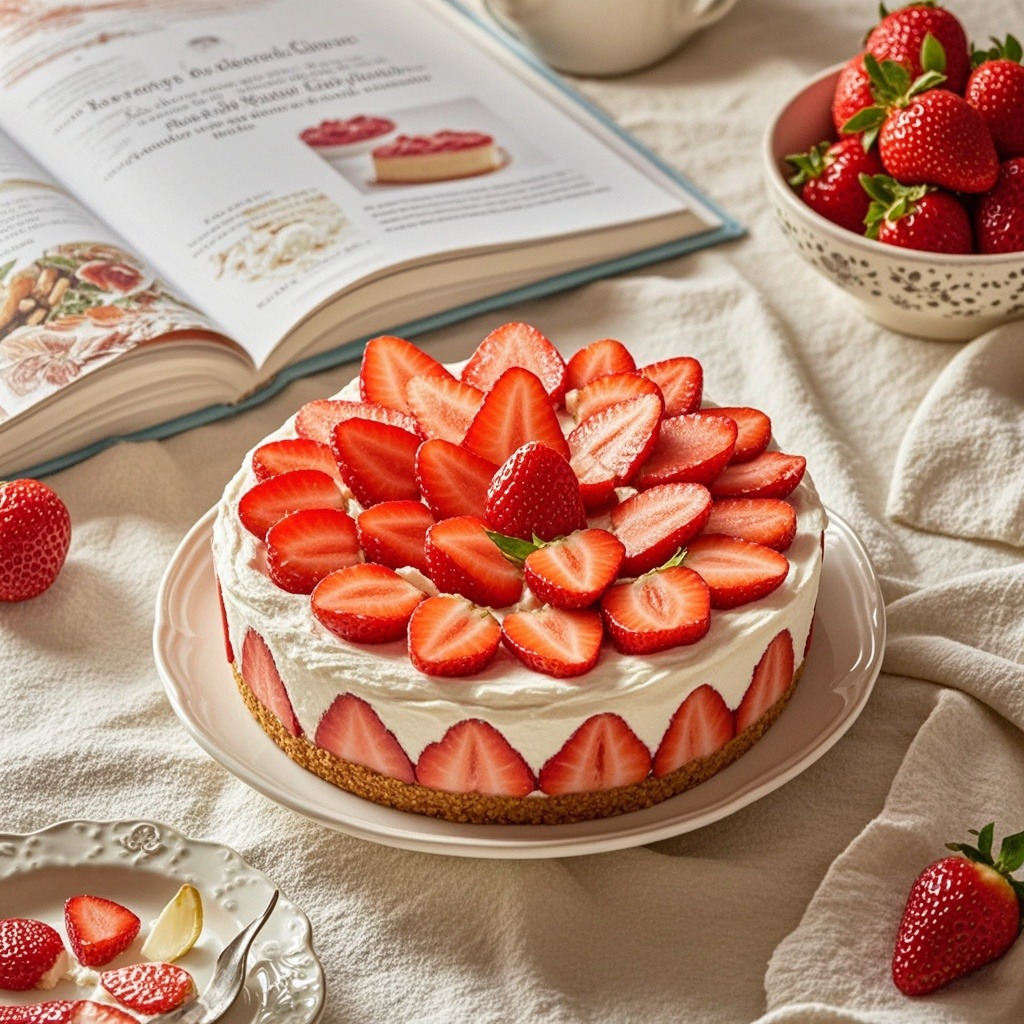 a cake with strawberries on top and a book