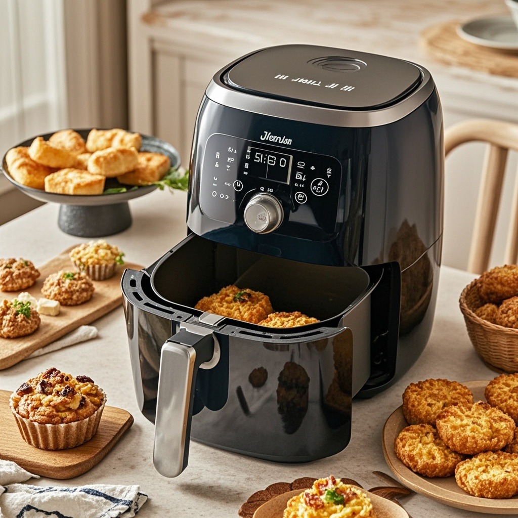 a black air fryer with a tray of muffins on a table